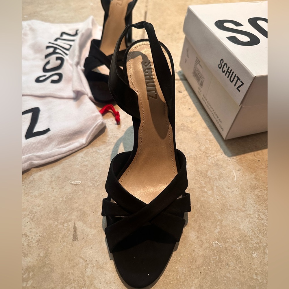 SCHUTZ Black Suede Crisscross Platform Sandals with Ankle Tie